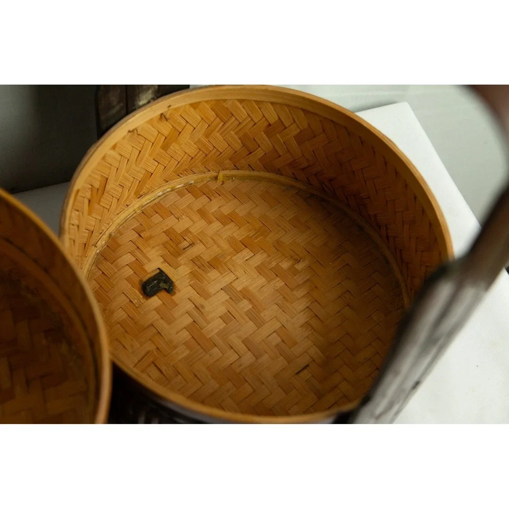 Vintage Chinese Wedding Basket 2 Tier Woven Bamboo Lacquered Picnic Carrier